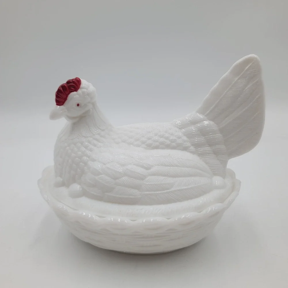 Vintage Milk Glass Hen on Nest Covered Dish White Basketweave 7 Inch